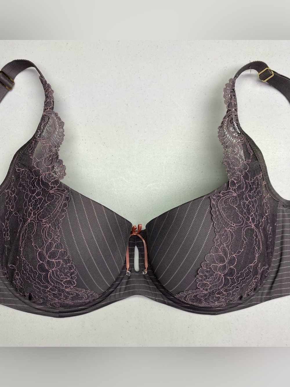 Ashley Graham Lace Trim Pinstripe Underwire Bra - Dusty Mauve